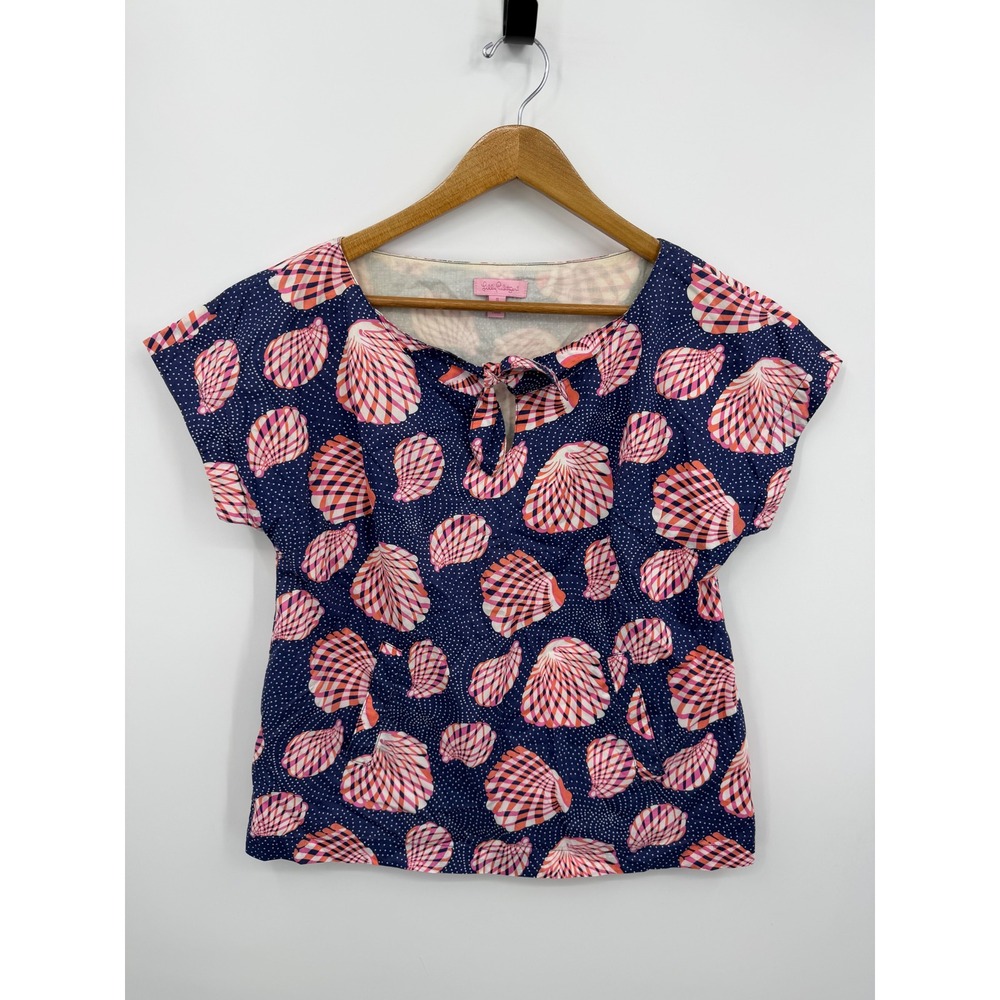 Lilly Pulitzer great‎ escape 87404 Short Sleeve Top sz S Navy Pink Seashell  Tie